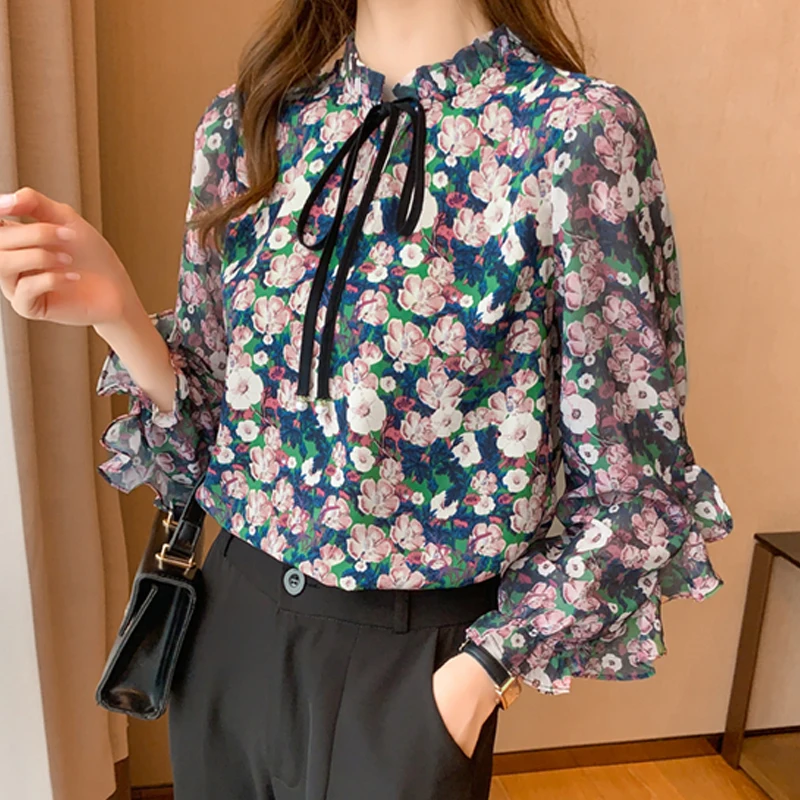 Осенняя женская шифоновая рубашка 2023 года, топы с принтом в стиле ретро Flroal, воротник-стойка, галстук-бабочка с длинным рукавом, блузка с оборками