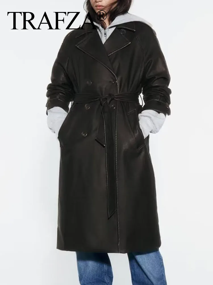 Женская тонкая ветровка TRAF ZA, однотонный отложной воротник, пояс с длинным рукавом, Двубортное осеннее модное пальто, женское модное пальто 2023