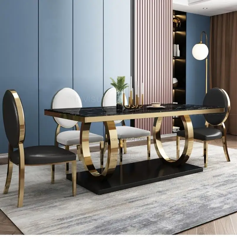 Современные роскошные кухонные столы для домашнего использования Мебельный гарнитур Мраморная столешница Металлический каркас Салонная консоль Обеденный стол и стулья