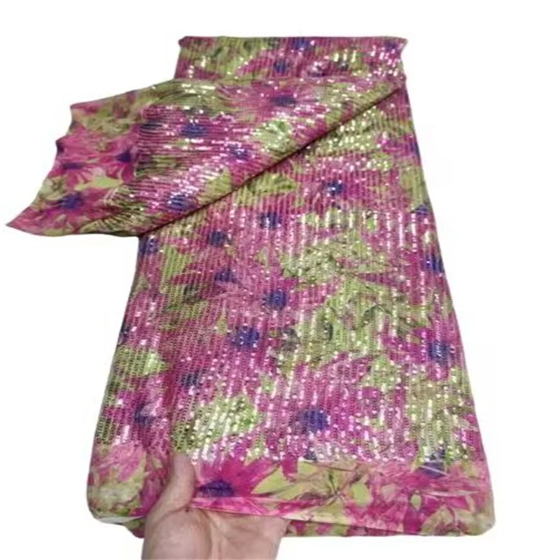 Розовый/Золотой Высококачественный Африканский Нигерийский тюль Кружевная ткань для пошива свадебного платья с вышивкой, сетчатая ткань 5 ярдов