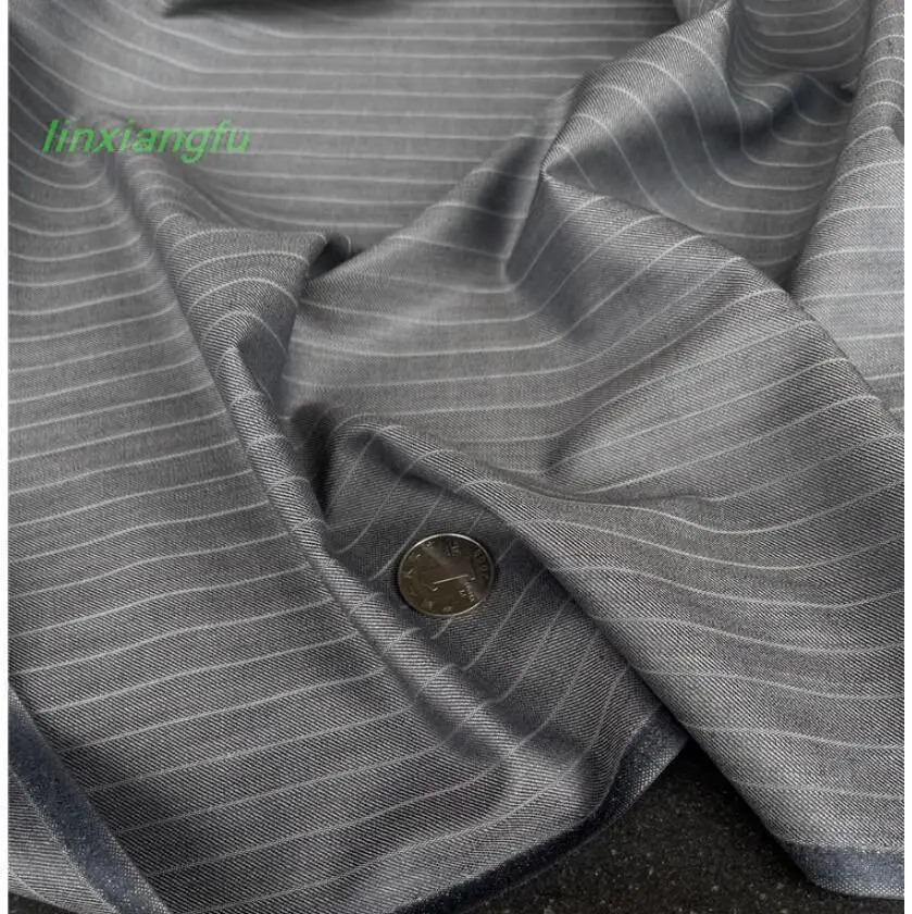 Саржевая ткань в вертикальную полоску, сине-серая текстурная ткань, камвольный шелк, шерсть, шелк и шерстяная ткань высокой четкости.